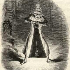 Scrogge faisant disparaitre l'esprit de Noël passé avec l'éteignoir via Wikimedia Commons
