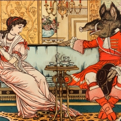 La Belle et la Bête à table, illustration par Walter Crane